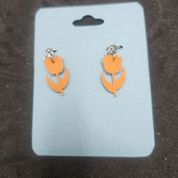 Hand Crafted Jewelry - Hand Crafted Faux Leather Dangle Orange Tulip Earrings